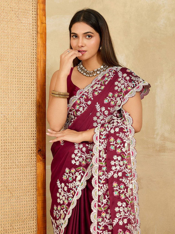 Lovely Maroon Color Silk Fabric Partywear Saree