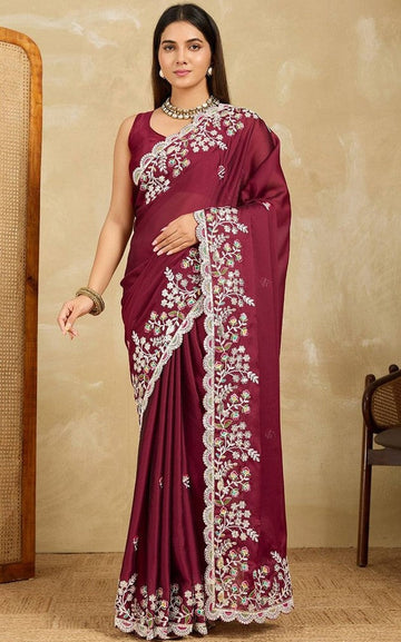 Lovely Maroon Color Silk Fabric Partywear Saree
