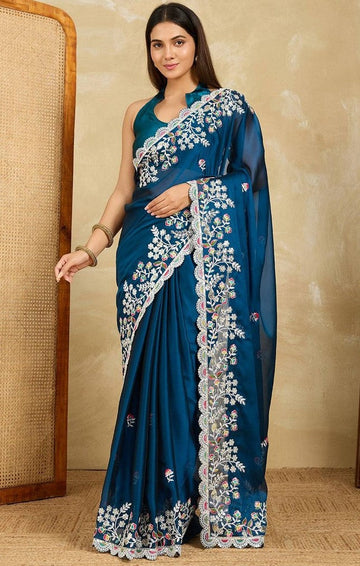 Lovely Teal Color Silk Fabric Partywear Saree