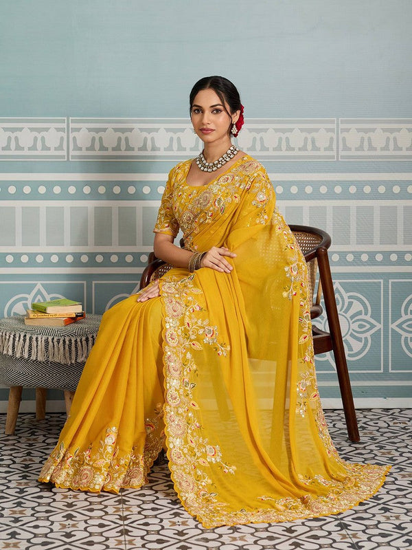 Amazing Yellow Color Georgette Fabric Partywear Saree