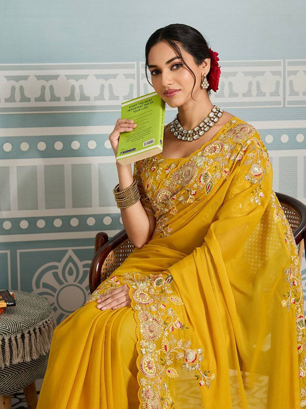 Amazing Yellow Color Georgette Fabric Partywear Saree