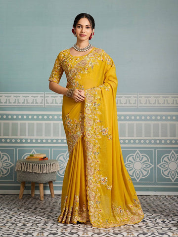 Amazing Yellow Color Georgette Fabric Partywear Saree