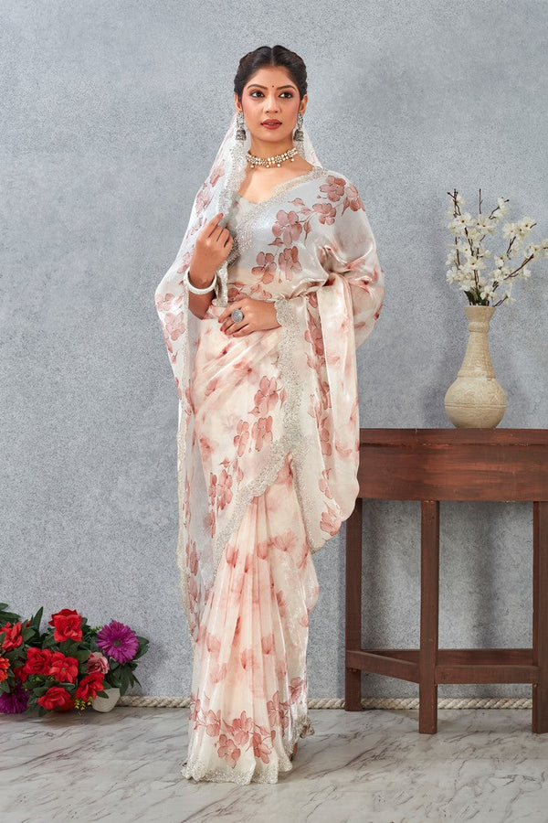 Amazing Peach Color Satin Fabric Casual Saree