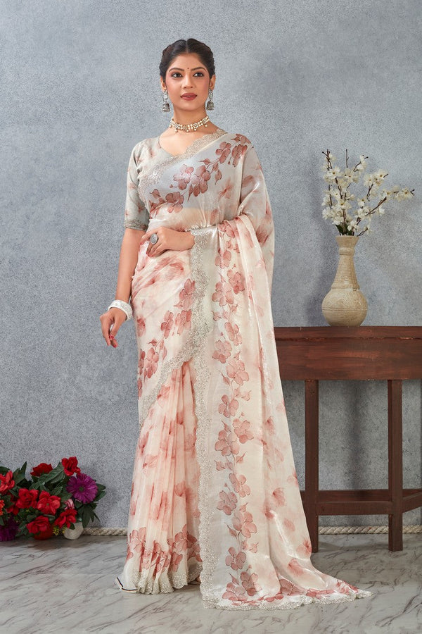 Amazing Peach Color Satin Fabric Casual Saree