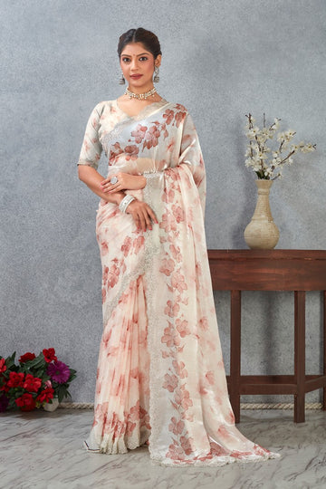 Amazing Peach Color Satin Fabric Casual Saree