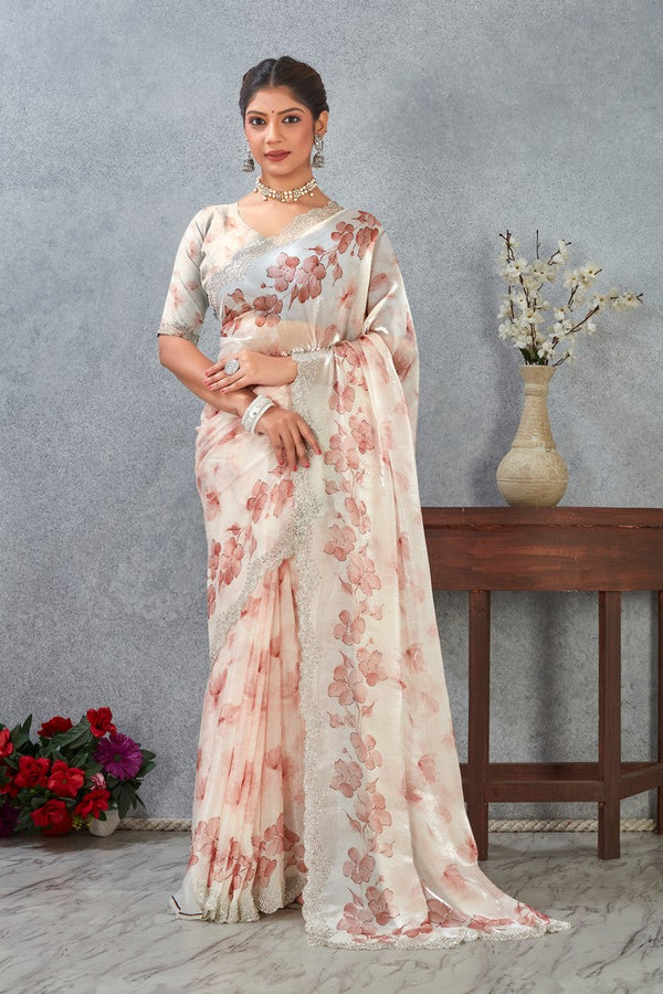 Amazing Peach Color Satin Fabric Casual Saree