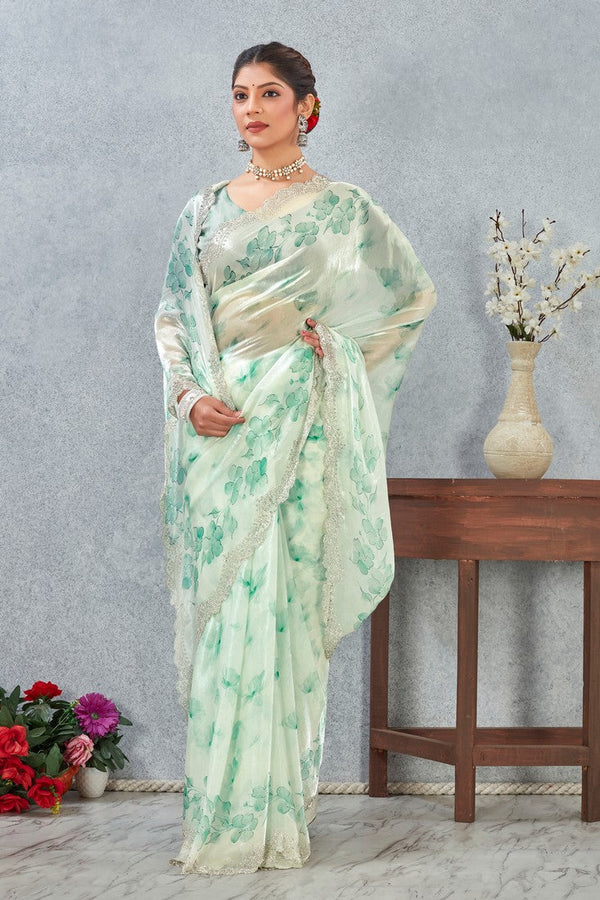 Amazing Teal Color Satin Fabric Casual Saree