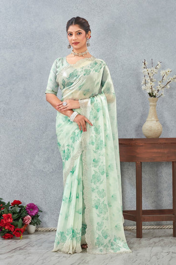 Amazing Teal Color Satin Fabric Casual Saree