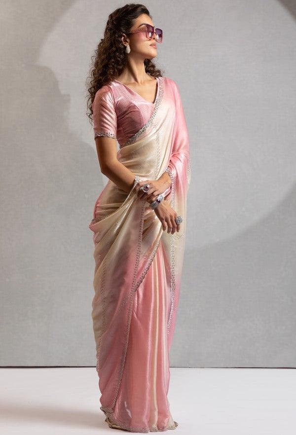 Amazing Pink Color Satin Fabric Designer Saree