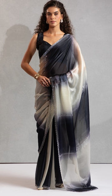 Amazing Black Color Satin Fabric Designer Saree