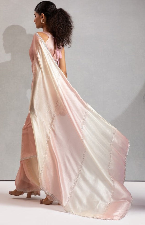 Amazing Peach Color Satin Fabric Designer Saree