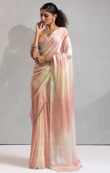 Amazing Peach Color Satin Fabric Designer Saree