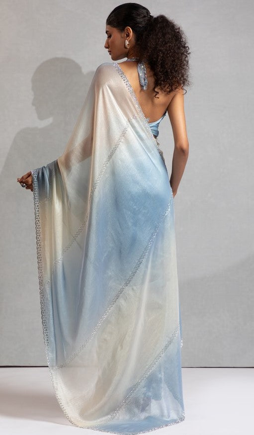 Amazing Aqua Color Satin Fabric Designer Saree