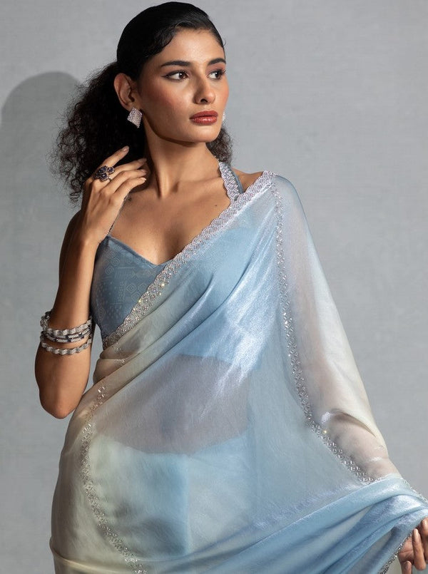 Amazing Aqua Color Satin Fabric Designer Saree