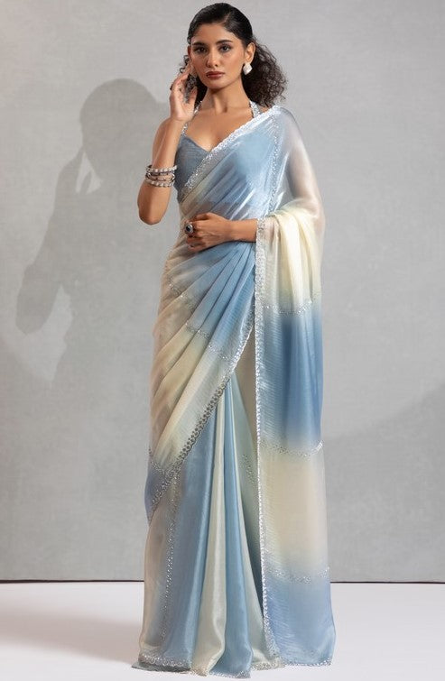 Amazing Aqua Color Satin Fabric Designer Saree