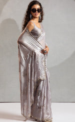 Beauteous Grey Color Silk Fabric Partywear Saree