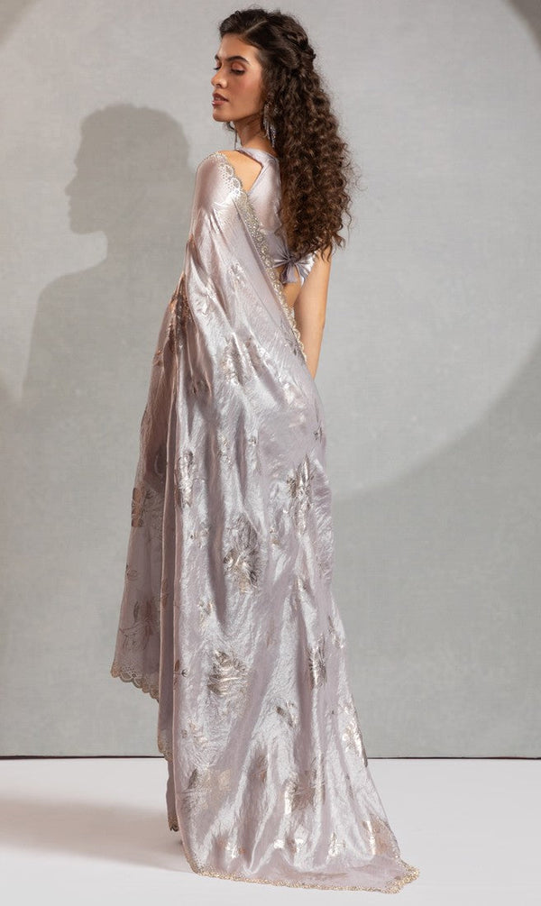 Beauteous Grey Color Silk Fabric Partywear Saree