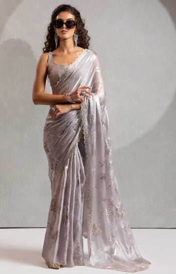 Beauteous Grey Color Silk Fabric Partywear Saree