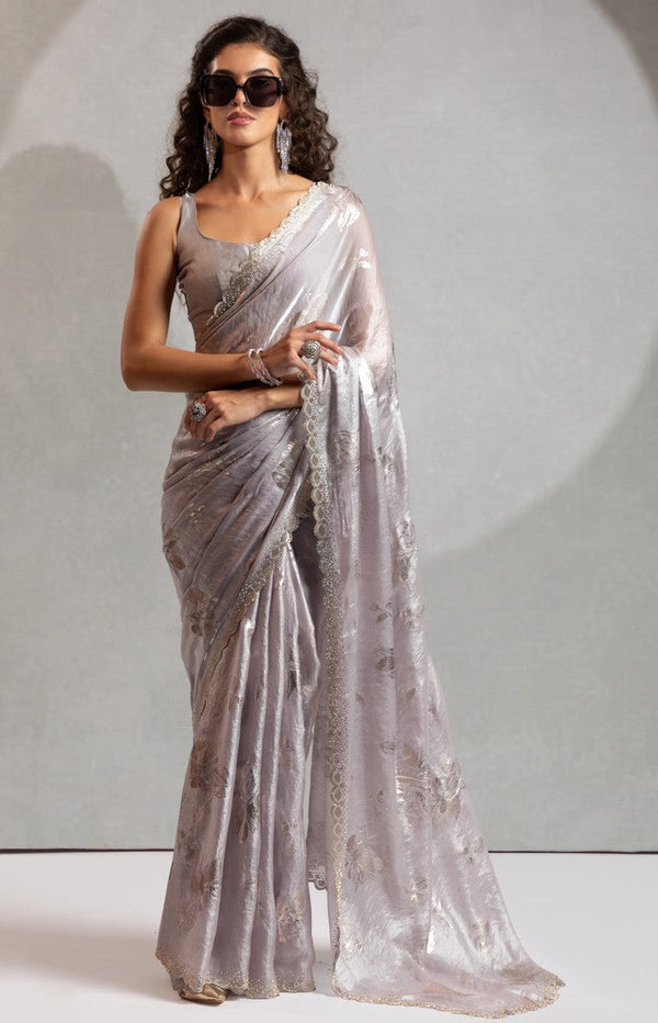 Beauteous Grey Color Silk Fabric Partywear Saree