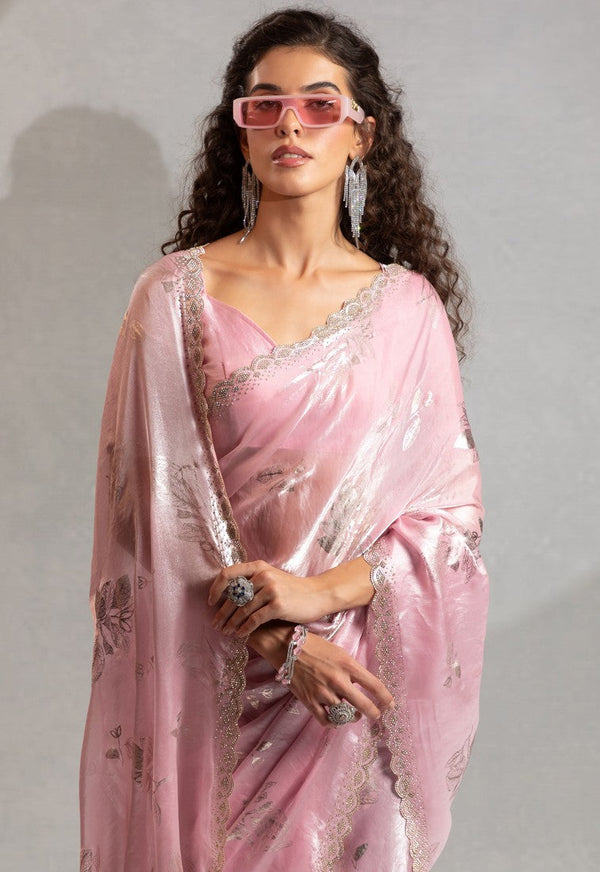Beauteous Pink Color Silk Fabric Partywear Saree