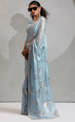 Beauteous Aqua Color Silk Fabric Partywear Saree