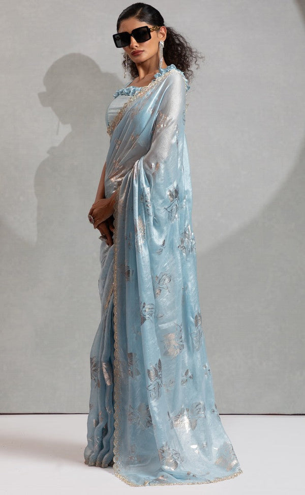 Beauteous Aqua Color Silk Fabric Partywear Saree