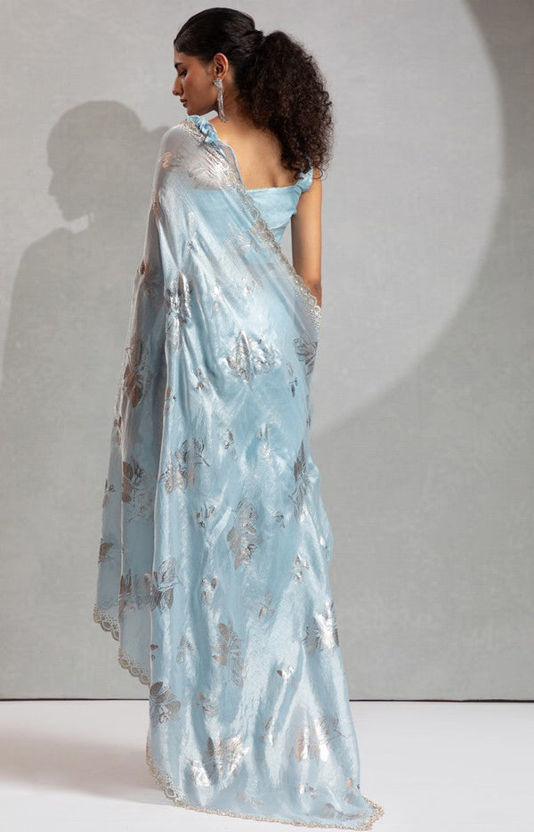 Beauteous Aqua Color Silk Fabric Partywear Saree
