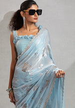 Beauteous Aqua Color Silk Fabric Partywear Saree