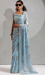 Beauteous Aqua Color Silk Fabric Partywear Saree