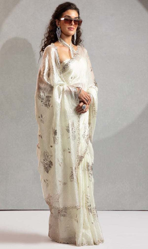 Beauteous Cream Color Silk Fabric Partywear Saree