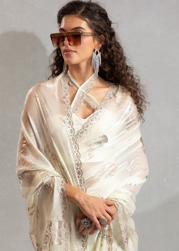 Beauteous Cream Color Silk Fabric Partywear Saree