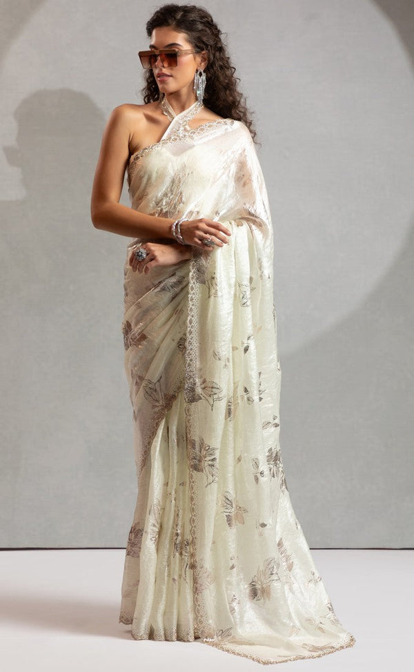 Beauteous Cream Color Silk Fabric Partywear Saree