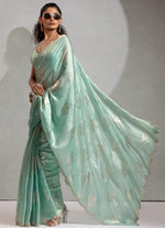 Beautiful Aqua Color Satin Fabric Designer Saree