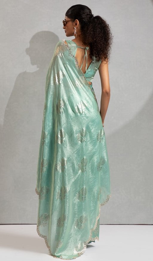 Beautiful Aqua Color Satin Fabric Designer Saree