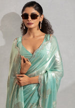 Beautiful Aqua Color Satin Fabric Designer Saree