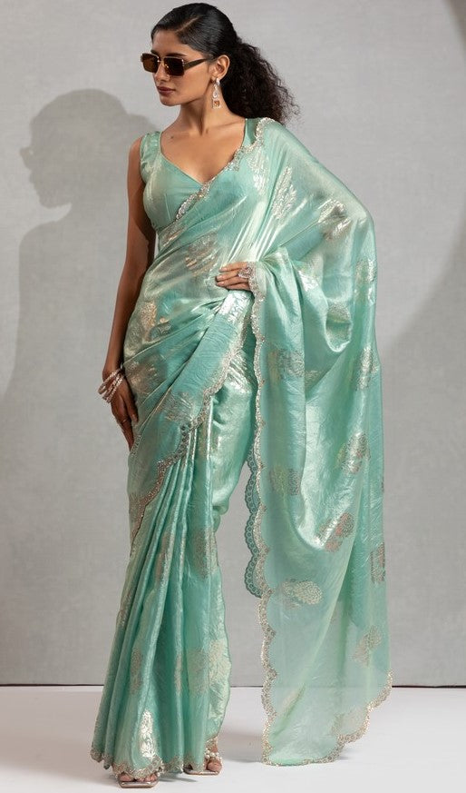 Beautiful Aqua Color Satin Fabric Designer Saree