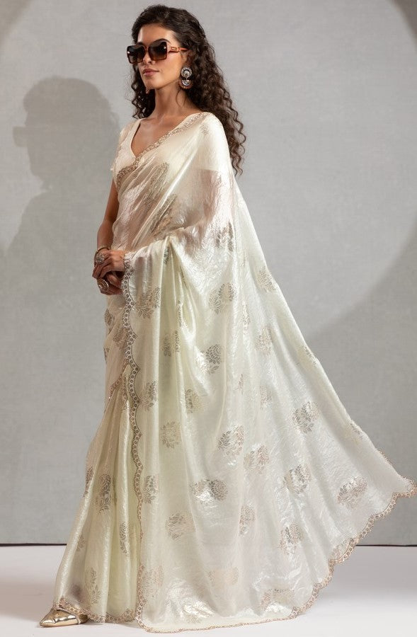 Beautiful Cream Color Satin Fabric Designer Saree