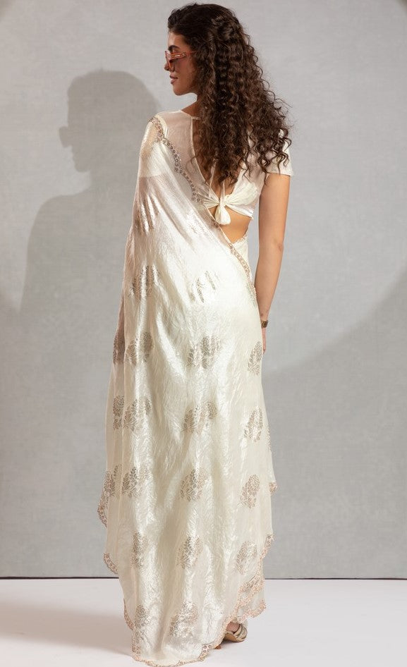 Beautiful Cream Color Satin Fabric Designer Saree