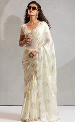 Beautiful Cream Color Satin Fabric Designer Saree