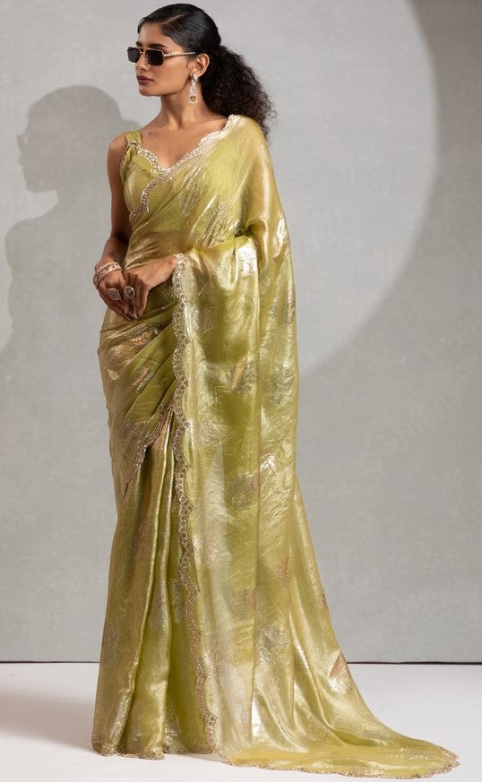 Beautiful Green Color Satin Fabric Designer Saree