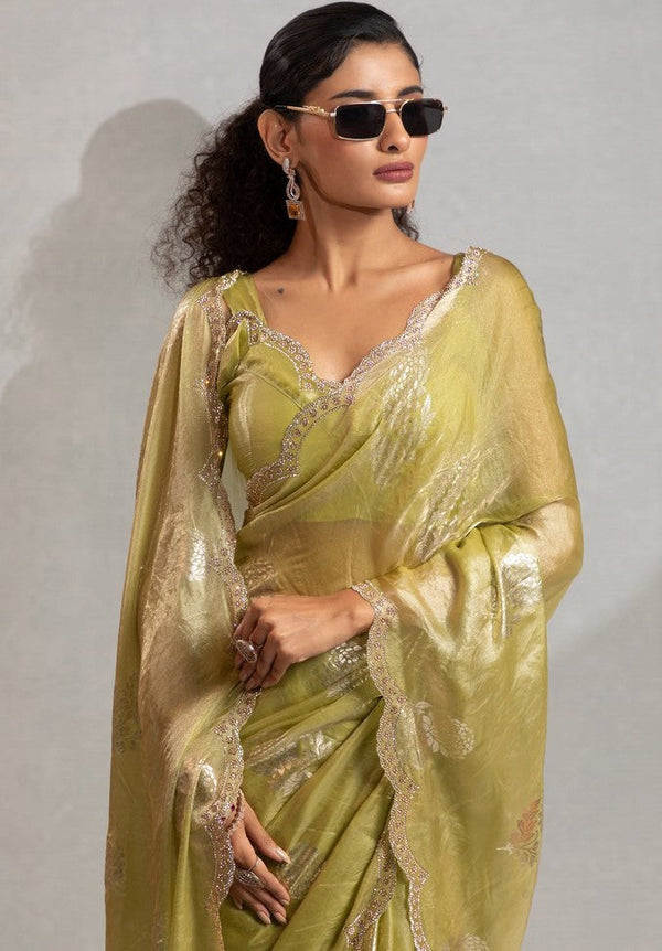 Beautiful Green Color Satin Fabric Designer Saree