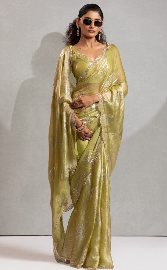 Beautiful Green Color Satin Fabric Designer Saree
