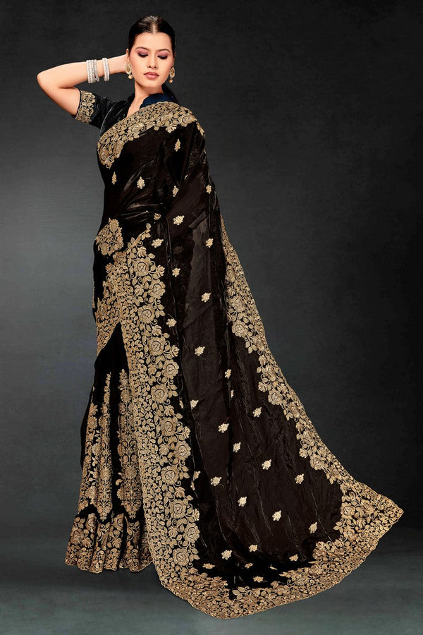 Lovely Black Color Silk Fabric Partywear Saree
