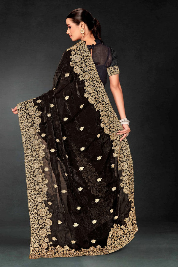 Lovely Black Color Silk Fabric Partywear Saree