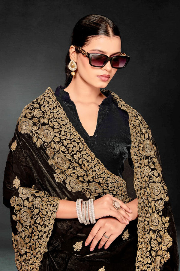 Lovely Black Color Silk Fabric Partywear Saree