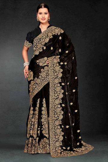 Lovely Black Color Silk Fabric Partywear Saree