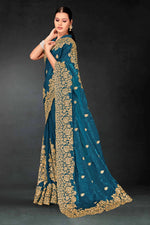 Lovely Teal Color Silk Fabric Partywear Saree