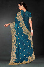 Lovely Teal Color Silk Fabric Partywear Saree