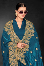 Lovely Teal Color Silk Fabric Partywear Saree