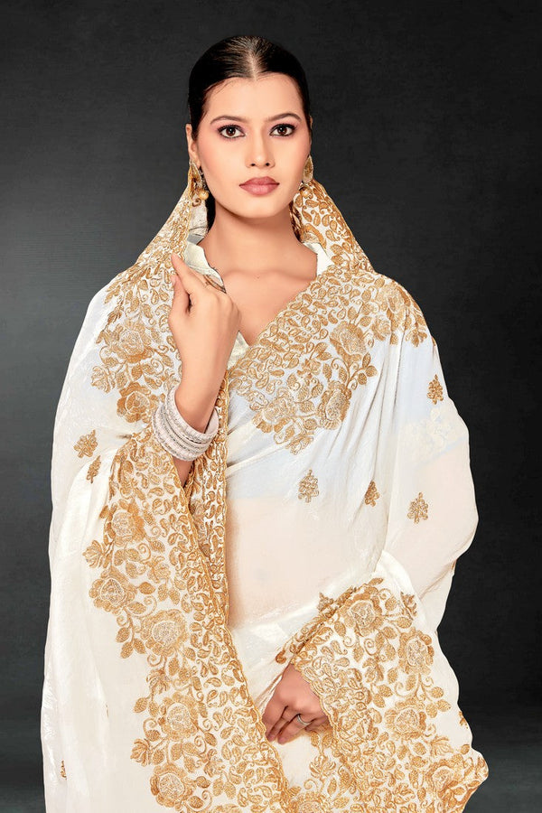 Lovely White Color Silk Fabric Partywear Saree